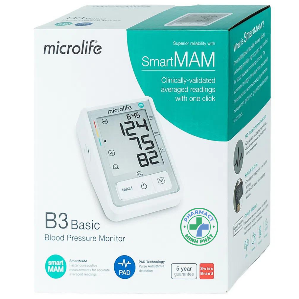 Máy Đo Huyết Áp Tự Động B3 Basic Microlife Theo Dõi Huyết Áp Tại Nhà (1 Cái)